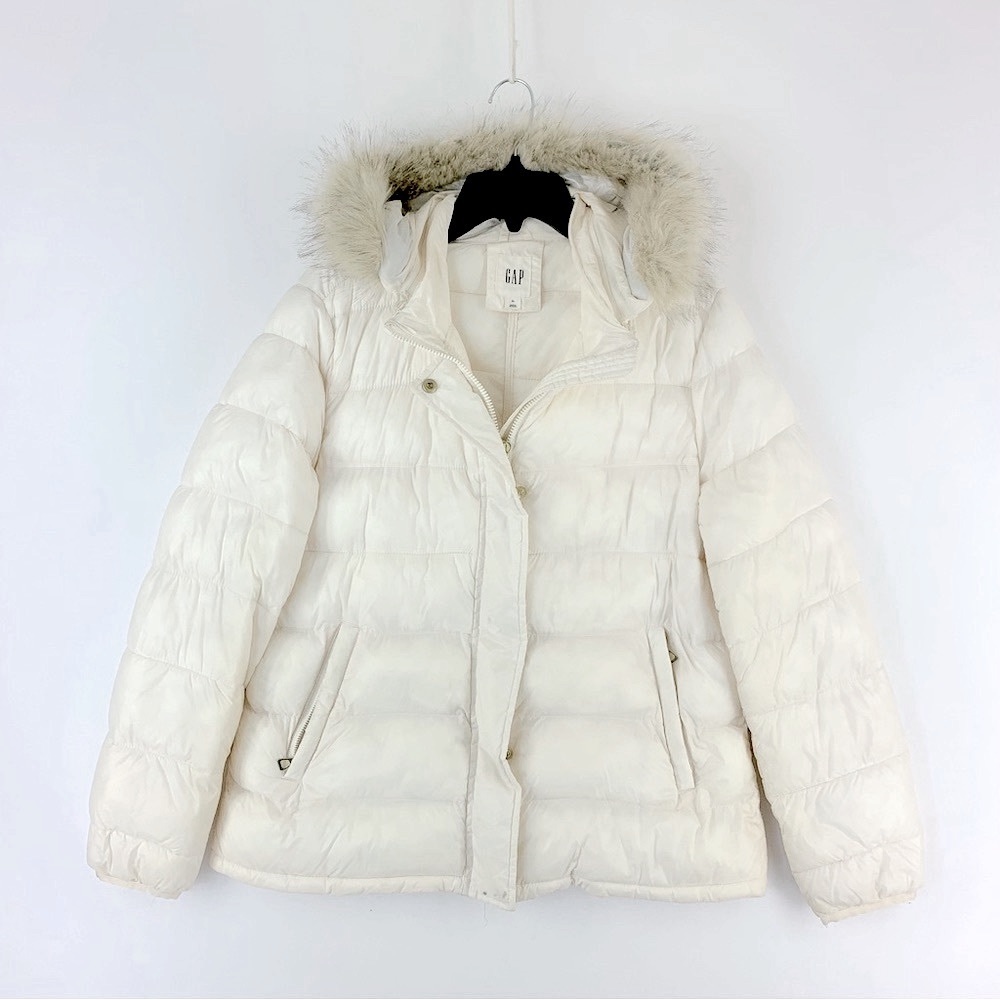 Gap Puffy Hip Length Hooded Cream Jacket Size XL